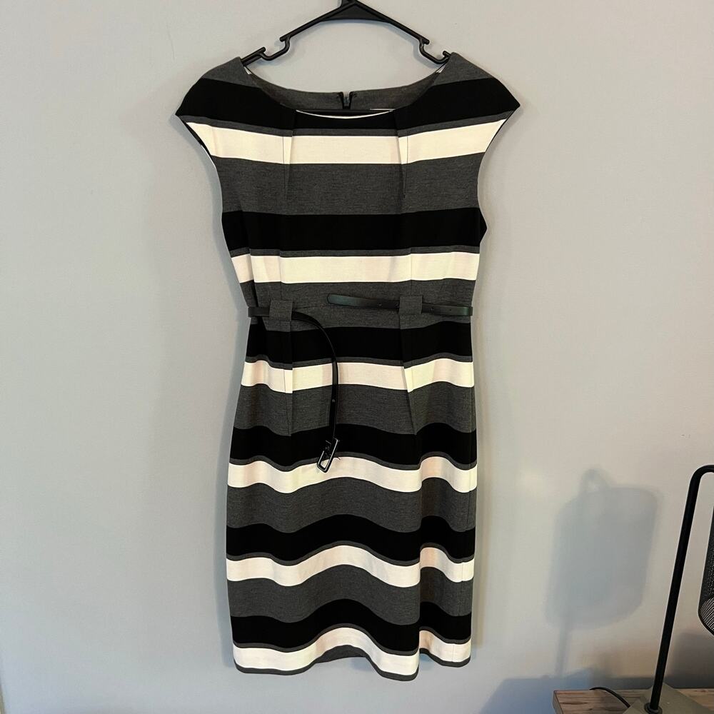 Calvin Klein Striped Midi Dress Cap Sleeves Womens Size 10 Belt Gray Black White